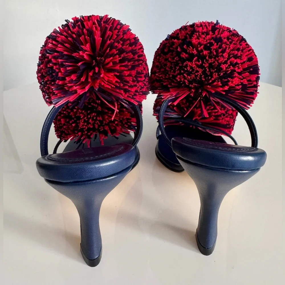 Bottega Veneta *NEW* Leather Navy Blue & Red Pom Pom Shoes- Size 6.5 US - Picture 5 of 11